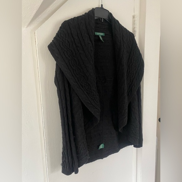Lauren Ralph Lauren Black Lambswool Cardigan Shawl Collar - Picture 2 of 6
